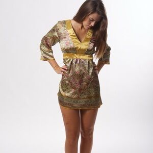 Gold pink paisley satin kimono baby doll dress